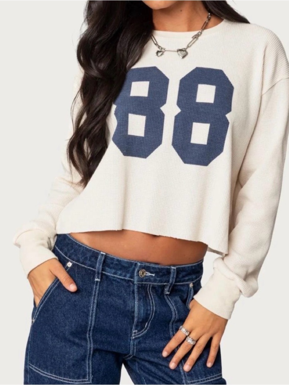 Edikted Cream Cropped Sweatshirt with Navy '88' Graphic